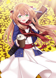 Rule 34 | 1girl, :d, blue jacket, blush, bolt action, bow, brown hair, coffee cup, commentary request, cup, dagger, disposable cup, dress, fringe trim, ginkgo leaf, girls&#039; frontline, green eyes, hair between eyes, hair bow, hair rings, harada (sansei rain), highres, holding, holding cup, jacket, jewelry, knife, leaf, long hair, long sleeves, looking at viewer, m1903 springfield, name connection, object namesake, open clothes, open jacket, open mouth, plaid, plaid scarf, pleated dress, red bow, red scarf, rifle, ring, scarf, smile, solo, springfield (girls&#039; frontline), striped, striped bow, very long hair, weapon, weapon on back, wedding band, white dress