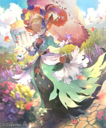 Rule 34 | 1girl, animal ear fluff, animal ears, black dress, blonde hair, blue flower, blue sky, breasts, bug, building, bush, butterfly, cosmos fang (shadowverse flame), dress, falling petals, flower, frilled dress, frills, full body, furry, garden, green dress, green eyes, hair ornament, hair over one eye, head wreath, holding, holding umbrella, insect, large breasts, long dress, long sleeves, looking ahead, mikebosi, official art, outdoors, parasol, petals, pillar, pink umbrella, puffy sleeves, red flower, shadowverse, shadowverse flame, sky, solo, stone floor, umbrella