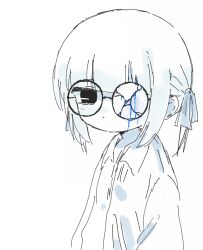Rule 34 | 1girl, absurdres, blood, bloody tears, blue blood, blunt bangs, broken eyewear, closed mouth, collared shirt, from side, glasses, greyscale, hair ribbon, highres, kennin5, long sleeves, looking at viewer, looking to the side, monochrome, original, ribbon, round eyewear, shirt, short hair, short twintails, sidelocks, simple background, solo, spot color, twintails, upper body, white background