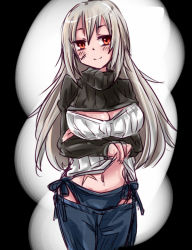 Rule 34 | 1girl, axis powers hetalia, bikini jeans, blush, breasts, cleavage, cleavage cutout, clothes lift, clothing cutout, denim, genderswap, genderswap (mtf), jeans, large breasts, lifted by self, long hair, lowleg, lowleg pants, meme attire, navel, open-chest sweater, pants, praline, prussia (hetalia), red eyes, ribbed sweater, scar, silver hair, smile, solo, sweater, sweater lift, turtleneck