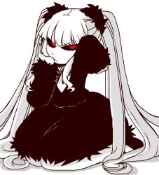 Rule 34 | 1girl, angry, arm behind head, ascot, black dress, black footwear, black sclera, blood, blood on face, closed mouth, colored sclera, dress, funamusea, hand on own face, hersilia (funamusea), looking at viewer, mamaito, monochrome, red eyes, solo, twintails, white ascot