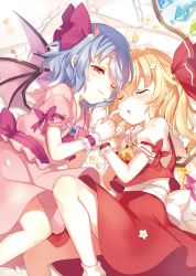 Rule 34 | 2girls, :o, ;3, ascot, bare legs, bat wings, blonde hair, bow, brooch, commentary request, fang, flandre scarlet, hair ribbon, half-closed eye, highres, holding hands, jewelry, long hair, lying, miniskirt, multiple girls, no headwear, on side, one eye closed, paragasu (parags112), petals, pink ascot, pink bow, pink ribbon, pink skirt, puffy short sleeves, puffy sleeves, red eyes, red ribbon, red skirt, remilia scarlet, ribbon, short hair, short sleeves, siblings, side ponytail, sisters, skirt, sleeping, smile, socks, touhou, uneven eyes, white legwear, wings, wrist cuffs, yellow ascot