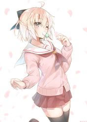 Rule 34 | 1girl, ahoge, alternate costume, black bow, black thighhighs, blonde hair, bow, brown neckerchief, cardigan, cherry blossoms, dango, fate (series), food, grey eyes, hair between eyes, hair bow, highres, koha-ace, leg up, long sleeves, looking at viewer, miniskirt, mouth hold, neckerchief, okita souji (fate), okita souji (koha-ace), pink cardigan, pleated skirt, red skirt, sailor collar, short hair, simple background, skirt, solo, thighhighs, wagashi, white background, white sailor collar, yakitori (yakitori06), zettai ryouiki