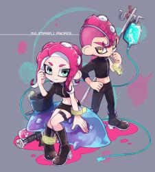 Rule 34 | 1boy, 1girl, agent 8 (splatoon), ankle boots, anklet, artist name, asymmetrical sleeves, black footwear, black jacket, black pants, black skirt, boots, bracelet, clenched hand, closed mouth, commentary request, frown, green eyes, grey background, hand on own hip, high heel boots, high heels, intravenous drip, inumaru akagi, jacket, jewelry, looking at viewer, medium hair, midriff, miniskirt, navel, nintendo, octoling, octoling boy, octoling girl, octoling player character, octoshot (splatoon), paint splatter, pants, pencil skirt, red hair, short hair, sitting, skirt, smile, sparkle, splatoon (series), splatoon 2, splatoon 2: octo expansion, squidbeak splatoon, standing, suction cups, tentacle hair, thigh strap, topless, uneven sleeves, yellow eyes, zipper pull tab