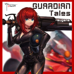 Rule 34 | 1girl, absurdres, biker clothes, blue eyes, breasts, closed mouth, collar, daeno, feet out of frame, gloves, guardian tales, hand on own hip, helmet, highres, holding, holding weapon, looking at viewer, medium breasts, movie star eugene, red hair, weapon