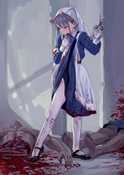 Rule 34 | 1girl, armband, artist name, barefoot, black footwear, blood, blood on clothes, blood writing, bloody handprints, blue dress, blue shorts, cross, dress, feiqizi (fkey), fkey, gloves, guro, hair between eyes, handprint, hands up, highres, holding, holding scissors, intestines, long sleeves, looking down, mary janes, original, pantyhose, red cross, red eyes, scissors, severed torso, shadow, shoes, shorts, signature, silver hair, skirt hold, solo, thighs, veil, white gloves, white pantyhose