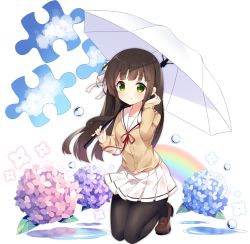Rule 34 | 1girl, ark order, artist request, beige jacket, black hair, black pantyhose, brown footwear, flower, green eyes, holding, holding umbrella, hydrangea, kneeling, long hair, looking at viewer, official art, pantyhose, pleated skirt, puddle, puzzle piece, rain, sailor collar, sidelocks, skirt, solo, tachi-e, transparent background, umbrella, very long hair, white sailor collar, white skirt, white umbrella