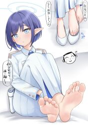 Rule 34 | 1girl, aoi (blue archive), doodle sensei (blue archive), barefoot, blue archive, blue hair, blue necktie, copyright request, cropped jacket, earrings, feet, foot focus, gloves, gun, halo, high-waist skirt, highres, hinosaki, jacket, jewelry, legs, mole, mole under eye, necktie, pointy ears, sensei (blue archive), short hair, skirt, soles, toe cleavage, toenails, toes, weapon, white background, white footwear, white gloves, white jacket