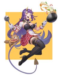Rule 34 | 1girl, absurdres, animal, blush, boots, breasts, choker, cleavage, demon tail, dog, fang, female focus, food, frying pan, full body, gloves, hair ornament, high heel boots, high heels, highres, horns, indie virtual youtuber, ladle, large breasts, long hair, looking at viewer, meat, necktie, oni, oni horns, onigiri (vtuber) (1st costume), onigiri (vtuber), plaid, plaid skirt, purple hair, rumbee, simple background, skirt, smile, tail, thigh boots, thigh strap, thighhighs, virtual youtuber, yellow eyes, yellow horns