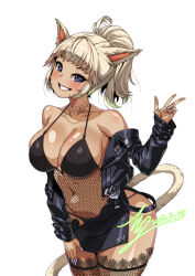 Rule 34 | 1girl, animal ears, armpits, black jacket, black one-piece swimsuit, blonde hair, blue eyes, blush, breasts, cat ears, cat tail, cleavage, commission, covered navel, feet out of frame, final fantasy, final fantasy xiv, fishnet swimsuit, fishnet thighhighs, fishnets, gyaru, hand on own hip, heart, heart-shaped pupils, highres, jacket, jewelry, kogal, large breasts, leather, leather jacket, lipstick, looking at viewer, makeup, miqo&#039;te, multicolored hair, nail polish, necklace, one-piece swimsuit, pixiv commission, ponytail, rantia, shiny skin, signature, simple background, smile, solo, streaked hair, swimsuit, symbol-shaped pupils, tail, tan, teeth, thighhighs, warrior of light (ff14), white background