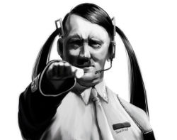 Rule 34 | 1boy, adolf hitler, cosplay, crossdressing, crossover, detached sleeves, facial hair, greyscale, hatsune miku, hatsune miku (cosplay), headphones, kpuro, long hair, male focus, microphone, monochrome, mustache, necktie, parody, real life, real life insert, salute, satire, simple background, solo, straight-arm salute, twintails, vocaloid, what
