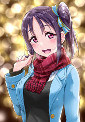 1girl, :d, bangs, black shirt, blue jacket, blue ribbon, blurry, blurry background, blush, breasts, earrings, hair ribbon, hair twirling, hand in hair, jacket, jewelry, kazuno sarah, large breasts, light particles, long sleeves, looking at viewer, love live!, love live! sunshine!!, nail polish, open clothes, open jacket, open mouth, outdoors, purple eyes, purple hair, red scarf, ribbon, scarf, shirt, side ponytail, sidelocks, smile, solo, upper body, upper teeth, yopparai oni