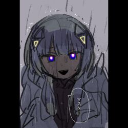 Rule 34 | 1girl, black shirt, blue eyes, bright pupils, cevio, check commentary, commentary request, diamond hair ornament, empty eyes, fukomo, glowing, glowing eyes, grey background, highres, hood, hood down, hooded jacket, jacket, kafu (cevio), kamitsubaki studio, looking at viewer, multicolored eyes, open clothes, open jacket, open mouth, pillarboxed, purple eyes, rain, shirt, sketch, smile, solo, speech bubble, translated, upper body, wet, white hair, white jacket, white pupils