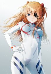 Rule 34 | 1girl, blue eyes, bodysuit, breasts, closed mouth, covered navel, cowboy shot, eyepatch, gloves, gluteal fold, gradient background, grey background, hair ornament, hand on own hip, headgear, highres, interface headset, long hair, looking at viewer, medium breasts, neon genesis evangelion, orange hair, parted bangs, pilot suit, plugsuit, skin tight, solo, souryuu asuka langley, standing, tadano yukiko, two side up