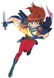 Rule 34 | 1990s (style), 1girl, armor, bead necklace, beads, boots, cape, dagger, denim, earrings, floating hair, full body, gloves, headband, highres, holding, holding dagger, holding knife, holding weapon, jeans, jewelry, knife, lina inverse, long hair, looking at viewer, magic, necklace, non-web source, official art, pants, pauldrons, red eyes, red hair, retro artstyle, reverse grip, shoulder armor, simple background, slayers, smile, solo, weapon, white background