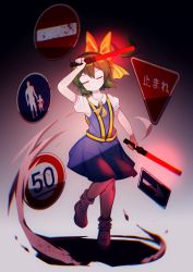 Rule 34 | 1girl, absurdres, arrow (symbol), ascot, blue dress, bow, brown footwear, closed eyes, closed mouth, commentary, cookie (touhou), daiyousei, diyusi (cookie), dress, flat chest, full body, glowing, glowing weapon, green hair, hair bow, high-visibility vest, highres, holding, inabahitomi, medium hair, no entry sign, pedestrians only sign, ponytail, puffy short sleeves, puffy sleeves, road sign, shirt, shoes, short sleeves, sign, socks, solo, speed limit sign, stop sign, touhou, traffic baton, weapon, white shirt, white socks, yellow ascot, yellow bow