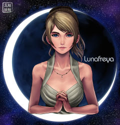 Rule 34 | 1girl, blue eyes, braid, breasts, brown hair, commentary, crescent moon, dress, facing viewer, final fantasy, final fantasy xv, french braid, highres, jewelry, looking at viewer, lunafreya nox fleuret, making-of available, medium breasts, moon, own hands clasped, own hands together, pendant, ryu shou, sleeveless, sleeveless dress, solo, swept bangs, updo, white dress