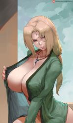Rule 34 | 1girl, bare legs, breasts, closed mouth, covered erect nipples, cutesexyrobutts, facial mark, female focus, forehead mark, highres, huge breasts, long hair, looking at viewer, naruto, naruto (series), no bra, no panties, open clothes, open shirt, sitting, solo, tsunade (naruto)