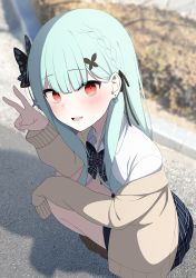 Rule 34 | 1girl, :d, absurdres, aqua hair, blunt bangs, blush, braid, cardigan, earrings, hair ornament, highres, hololive, jewelry, karou (lhscck302), loafers, long hair, looking at viewer, neck ribbon, off shoulder, open mouth, photo background, red eyes, ribbon, school uniform, shoes, skirt, sleeves past wrists, smile, solo, squatting, uruha rushia, uruha rushia (school uniform), virtual youtuber