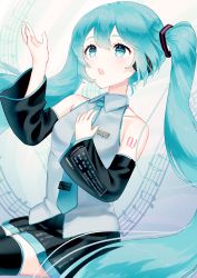 Rule 34 | 1girl, absurdres, aqua hair, arm up, bare shoulders, beamed eighth notes, black skirt, black sleeves, black thighhighs, blue eyes, blue necktie, blush, collared shirt, commentary, detached sleeves, eighth note, eyebrows hidden by hair, grey shirt, hair between eyes, hair ornament, hand up, hatsune miku, headphones, highres, long hair, long sleeves, looking away, musical note, necktie, parted lips, pleated skirt, quarter note, segawa luna, shirt, sitting, skirt, sleeveless, sleeveless shirt, solo, thighhighs, tie clip, twintails, very long hair, vocaloid, wide sleeves