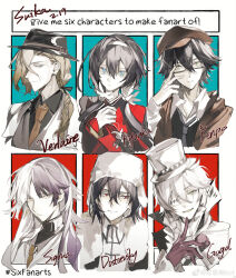 Rule 34 | 1girl, 5boys, absurdres, black hair, black headwear, blonde hair, blue eyes, braid, bungou stray dogs, character name, character request, chinese commentary, commentary request, copyright request, cui (jidanhaidaitang), glasses, hair between eyes, hairband, hat, highres, long hair, multiple boys, multiple drawing challenge, six fanarts challenge, top hat, upper body, white background, white hairband
