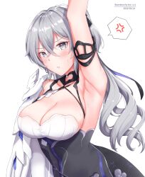 Rule 34 | 1girl, 2022, anger vein, arm up, armpits, artist name, breasts, bronya zaychik, bronya zaychik (silverwing: n-ex), cleavage, dated, dress, drill hair, earrings, grey eyes, grey hair, highres, honkai (series), honkai impact 3rd, jewelry, large breasts, long hair, looking at viewer, parted lips, presenting armpit, simple background, solo, spoken anger vein, twin drills, uki (kiw kiu), upper body, very long hair, white background, white dress
