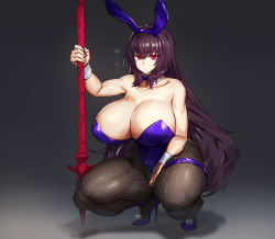 Rule 34 | 1girl, alternate breast size, animal ears, bare shoulders, bow, bowtie, breasts, cleavage, curvy, expressionless, fake animal ears, fate/grand order, fate (series), fishnet pantyhose, fishnets, gae bolg (fate), grey background, high heels, huge breasts, leotard, long hair, melon22, official alternate costume, pantyhose, playboy bunny, polearm, purple bow, purple bowtie, purple footwear, purple hair, purple leotard, red eyes, scathach (fate), scathach (piercing bunny) (fate), solo, spear, squatting, thick thighs, thighs, very long hair, weapon, wrist cuffs