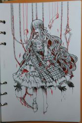 Rule 34 | 1girl, absurdres, alternate hair length, alternate hairstyle, blood, blood on clothes, blood on face, blood on hands, blood splatter, bloody weapon, blouse, chain, disembodied hand, frilled skirt, frilled sleeves, frills, full body, guro, hair between eyes, high heels, highres, holding, holding weapon, kazami yuuka, knife, long hair, long sleeves, looking down, partially colored, red eyes, sad, shirt, shoes, simple background, single shoe, skirt, solo, taizai jing, touhou, very long hair, weapon, white background