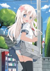 Rule 34 | 10s, 1girl, :d, alternate costume, animal print, ass, bag, bag charm, black thighhighs, blue eyes, blue sky, blush, brick wall, building, charm (object), clothes lift, cloud, day, flower, from behind, hair flower, hair ornament, holding strap, kantai collection, l4no, lens flare, long hair, looking back, looking to the side, miniskirt, open mouth, outdoors, panties, pleated skirt, print panties, ro-500 (kancolle), school uniform, serafuku, short sleeves, shoulder bag, skirt, skirt lift, sky, skyscraper, smile, solo, tan, thighhighs, traffic mirror, tree, underwear, upskirt, utility pole, utility pole (object), vending machine, white hair, white panties