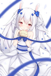 Rule 34 | 1girl, :o, animal ears, azur lane, bare shoulders, blurry, bouquet, bow, collarbone, commentary request, depth of field, dress, fake animal ears, flower, gloves, hair between eyes, hair bow, hair flower, hair ornament, hair ribbon, highres, holding, holding bouquet, irokari, laffey (azur lane), laffey (white rabbit&#039;s oath) (azur lane), long hair, looking at viewer, official alternate costume, parted lips, petals, rabbit ears, red eyes, ribbon, sidelocks, simple background, solo, strapless, strapless dress, wedding dress, white background, white dress, white gloves, white hair