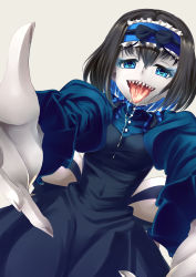 Rule 34 | 10s, 1girl, absurdres, bad id, bad pixiv id, black hair, blue eyes, blue hair, bow, colored inner hair, dress, drooling, eyeshadow, garie tuman, grey background, hair ornament, hairband, highres, long sleeves, looking at viewer, makeup, matching hair/eyes, multicolored hair, open mouth, outstretched arms, pale skin, reaching, reaching towards viewer, saliva, senki zesshou symphogear, sharp teeth, short hair, simple background, smile, solo, tacchon, teeth, tongue, tongue out