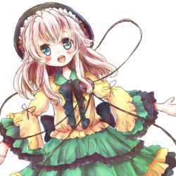 Rule 34 | 1girl, adapted costume, dress, eyeball, female focus, frilled dress, frills, green eyes, hat, komeiji koishi, long hair, mochi0103, mochiko (mocchikkoo), open mouth, outstretched arms, ribbon, silver hair, solo, third eye, touhou, wide sleeves