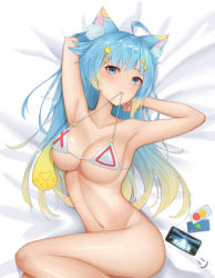 Rule 34 | 1girl, ahoge, animal ear fluff, animal ears, arm behind head, armpits, ass, bikini, bikini top only, blonde hair, blue hair, bottomless, breasts, cat ears, cellphone, cleavage, collarbone, commentary request, cross, fate/grand order, fate (series), hair ornament, hairclip, halterneck, highres, large breasts, looking at viewer, navel, original, phone, revision, smartphone, solo, star (symbol), star hair ornament, swimsuit, triangle, wei xiao, white bikini