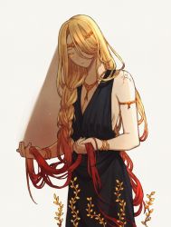 Rule 34 | 1girl, black dress, blonde hair, bracelet, braid, breasts, circlet, closed mouth, commentary request, cracked skin, donar0217, dress, elden ring, gradient hair, hair over one eye, jewelry, korean commentary, large breasts, long hair, multicolored hair, necklace, queen marika the eternal, red hair, simple background, two-tone hair, white background, yellow eyes