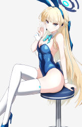 Rule 34 | 1girl, absurdres, animal ears, bare shoulders, blonde hair, blue archive, blue bow, blue eyes, blue hairband, blue leotard, bow, bowtie, braid, breasts, closed mouth, detached collar, earpiece, fake animal ears, foot out of frame, french braid, from side, hairband, halo, high heels, highleg, highleg leotard, highres, keika (otsukare), leotard, long hair, medium breasts, microphone, multicolored hair, official alternate costume, official alternate hairstyle, playboy bunny, rabbit ears, sitting, stool, streaked hair, thighhighs, thighs, toki (blue archive), toki (bunny) (blue archive), v, very long hair, white thighhighs, wrist cuffs