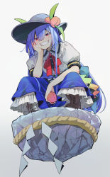 Rule 34 | 1girl, black hat, blue hair, blue skirt, blush, boots, bow, bowtie, brown footwear, commentary request, eyes visible through hair, flat chest, floating rock, food, frilled shirt collar, frills, from below, fruit, gradient background, grey background, grin, hair between eyes, hand on own cheek, hand on own face, hand up, hat, highres, hinanawi tenshi, holding, holding food, holding fruit, long hair, looking at viewer, peach, petticoat, puffy short sleeves, puffy sleeves, red bow, red bowtie, red eyes, shirt, short sleeves, simple background, skirt, smile, solo, squatting, syuri22, touhou, white shirt