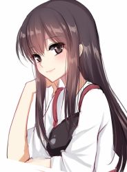 Rule 34 | 10s, 1girl, akagi (kancolle), armor, bad id, bad pixiv id, blush, brown eyes, brown hair, japanese clothes, kantai collection, lips, long hair, looking at viewer, meaomao, muneate, sidelocks, simple background, smile, solo, upper body, white background