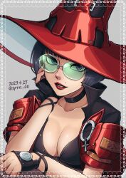 Rule 34 | 1girl, black choker, black gloves, black hair, breasts, choker, cleavage, dated, fingerless gloves, gloves, green-tinted eyewear, guilty gear, guilty gear strive, hat, highres, i-no, large breasts, looking at viewer, mole, mole above mouth, parted lips, red hat, red lips, red nails, short hair, short sleeves, solo, sptn 00, sunglasses, tinted eyewear, venus symbol, witch hat