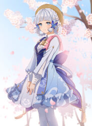 Rule 34 | 1girl, ayaka (genshin impact), blue dress, blue eyes, blue hair, blunt bangs, braid, butterfly hair ornament, cherry blossoms, closed mouth, collar, commentary request, cowboy shot, dress, flower, frilled dress, frills, genshin impact, gratin2112, hair flower, hair ornament, hair up, hat, highres, kamisato ayaka, kamisato ayaka (springbloom missive), light blue hair, long sleeves, looking at viewer, mixed-language commentary, mole, mole under eye, official alternate costume, own hands together, pantyhose, puffy long sleeves, puffy sleeves, smile, solo, white collar, white flower, white pantyhose