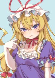 Rule 34 | 1girl, absurdres, blonde hair, blue background, blush, bow, breasts, cleavage, dress, e sdss, elbow gloves, frilled sleeves, frills, gloves, hair between eyes, hair bow, hat, hat ribbon, highres, long hair, medium breasts, mob cap, open mouth, purple dress, purple eyes, red bow, red ribbon, ribbon, short sleeves, simple background, smile, solo, touhou, upper body, white gloves, white hat, yakumo yukari
