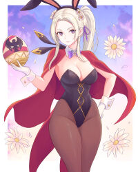 Rule 34 | 1girl, absurdres, alternate costume, animal ears, black leotard, bow, bowtie, breasts, brown thighhighs, cape, cleavage, covered navel, detached collar, easter egg, edelgard von hresvelg, egg, fake animal ears, fire emblem, fire emblem: three houses, fire emblem heroes, flower, highres, large breasts, leotard, long hair, looking at viewer, nintendo, pantyhose, playboy bunny, purple eyes, rabbit ears, red cape, smile, solo, strapless, strapless leotard, thighhighs, truejekart, white flower, white hair