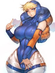 Rule 34 | 1girl, :o, apex legends, backpack, bag, blonde hair, blue eyes, blue leotard, bodysuit, breasts, facial scar, fumio (rsqkr), highres, jacket, large breasts, leotard, looking at viewer, ribbed leotard, scar, scar on cheek, scar on face, short hair, smile, solo, standing, thick thighs, thighs, wattson (apex legends), zipper