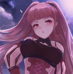 Rule 34 | 1girl, blunt bangs, breasts, cloud, corset, female focus, fire emblem, fire emblem: three houses, framed breasts, hilda valentine goneril, large breasts, leonmandala, long hair, matching hair/eyes, nintendo, open mouth, pink eyes, pink hair, ponytail, sky, solo, upper body