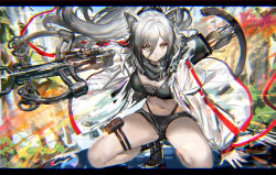 Rule 34 | 1girl, animal ears, arknights, arrow (projectile), belt pouch, black footwear, black shirt, black shorts, bow (weapon), breasts, cat ears, cat girl, cat tail, crop top, crossbow, explosion, floating hair, grey hair, hair between eyes, highleg, highres, holding, jacket, large breasts, letterboxed, long hair, looking at viewer, midriff, navel, ponytail, pouch, quiver, ran&#039;ou (tamago no kimi), schwarz (arknights), scope, see-through, shirt, shoes, short shorts, shorts, solo, squatting, stomach, tail, thigh strap, thighs, weapon, white jacket, yellow eyes