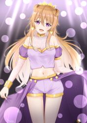 Rule 34 | 1girl, artist name, artist request, bare legs, beamed quavers, blush, bracelet, breasts, brown hair, butterfly (love live!), choker, cleavage, clothing cutout, collarbone, cropped shirt, crown, detached sleeves, double bun, dress, dress shirt, earrings, female focus, gold bracelet, hair between eyes, hair bun, hair rings, harem outfit, highres, holding, holding clothes, holding dress, jewelry, konoe kanata, long hair, looking at viewer, love live!, love live! nijigasaki high school idol club, love live! school idol festival, medium breasts, nail polish, navel, night, night sky, outdoors, parted lips, puffy short sleeves, puffy sleeves, purple eyes, purple shirt, purple shorts, quaver, shirt, short sleeves, shorts, shoulder cutout, sky, smile, solo, sparkle, star (symbol), two side up, yellow bracelet, yellow choker