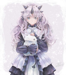 Rule 34 | 1girl, 2024, animal, black dress, closed mouth, creature, dated, dress, frills, grey eyes, holding, horns, long hair, long sleeves, looking at viewer, original, purple hair, simple background, single horn, sleeves past wrists, smile, solo, standing, straight-on, sui (petit comet), white background