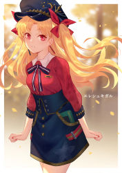 Rule 34 | 1girl, backlighting, black hat, black skirt, blonde hair, blurry, blurry background, bow, breasts, contemporary, earrings, ereshkigal (fate), ereshkigal (under the same sky) (fate), fate/grand order, fate (series), hair bow, hat, highres, jewelry, long hair, long sleeves, looking at viewer, panpanmeiyou hp, parted bangs, peaked cap, red bow, red eyes, red shirt, shirt, skirt, small breasts, solo, two side up