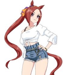 Rule 34 | 1girl, alternate costume, animal ears, bare shoulders, brown hair, closed mouth, commentary request, denim, denim shorts, ear ornament, flower-shaped pupils, hand on own hip, horse ears, horse girl, horse tail, long hair, long sleeves, midriff, multicolored nails, off-shoulder shirt, off shoulder, pink eyes, ponytail, sakura bakushin o (umamusume), shirt, shorts, simple background, solo, symbol-shaped pupils, tail, tied shirt, umamusume, unamumuru, white background, white shirt