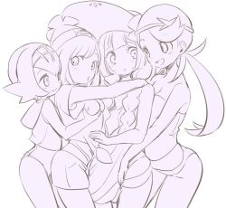 Rule 34 | 4girls, breasts, chorimokki, cleavage, closed mouth, creatures (company), game freak, grabbing, grabbing another&#039;s breast, lana (pokemon), lillie (pokemon), long hair, mallow (pokemon), monochrome, multiple girls, nintendo, one-piece swimsuit, open mouth, pokemon, pokemon sm, selene (pokemon), short hair, simple background, smile, swimsuit, white background, yuri