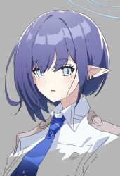 Rule 34 | 1girl, aoi (blue archive), blue archive, blue eyes, blue hair, blue necktie, collared jacket, earclip, epaulettes, grey background, highres, jacket, kirigakure (iroiro tsukauyo), looking at viewer, mole, mole under eye, necktie, parted lips, pointy ears, portrait, short hair, simple background, sketch, solo, white jacket